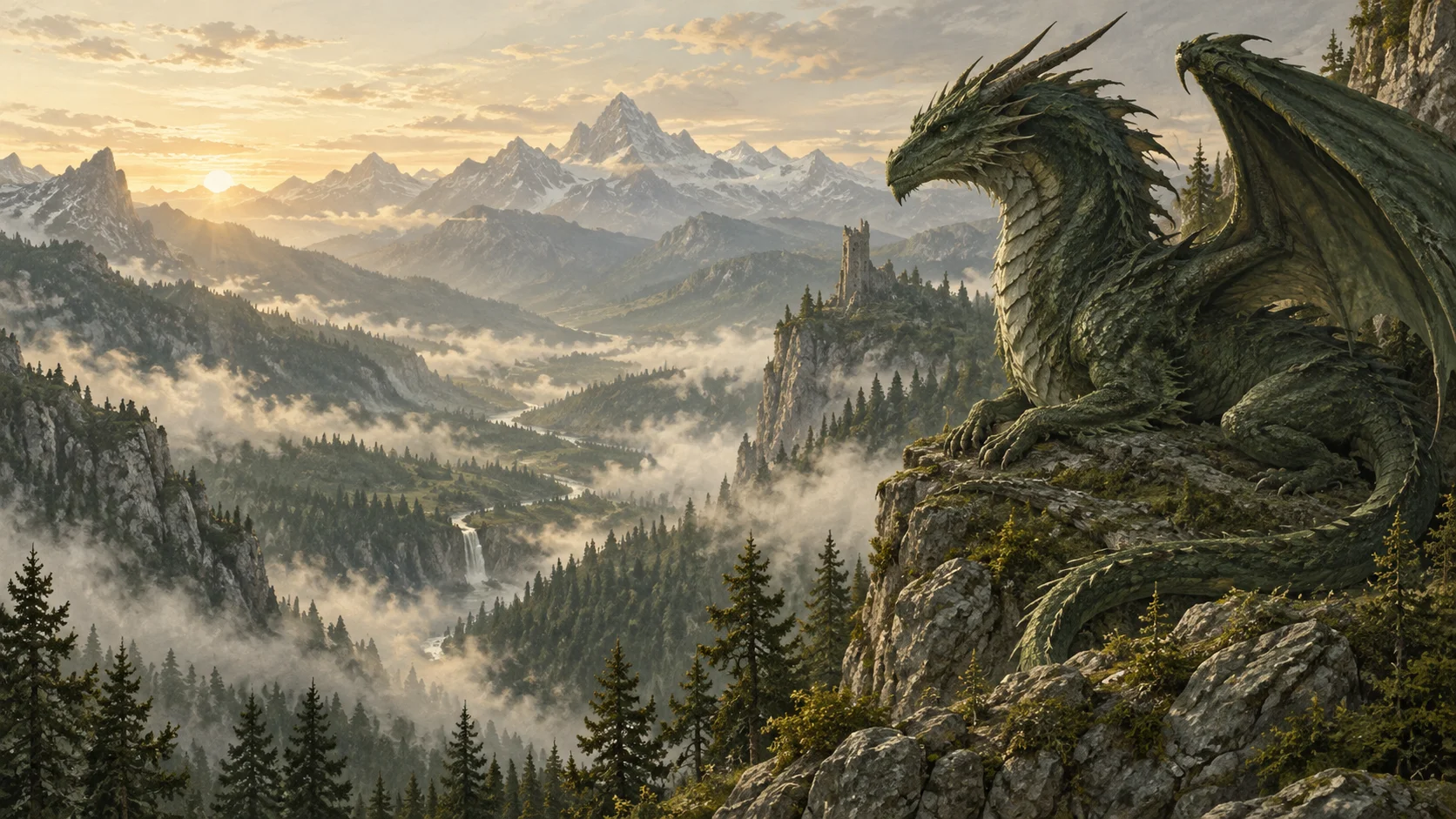 Original fantasy illustration of a green dragon above a misty mountain valley; not a Dragonkind screenshot