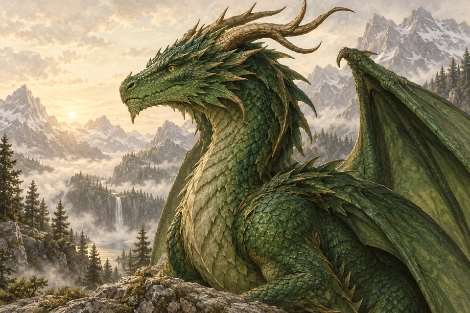 Original green dragon illustration on a mountain ledge
